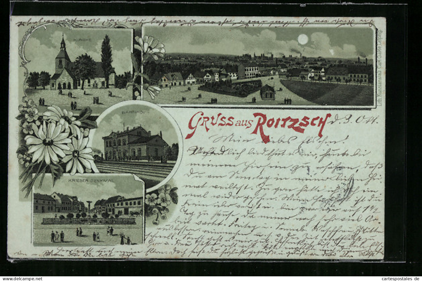 Mondschein-Lithographie Roitzsch, Kirche, Bahnhof, Kriegerdenkmal Und Totalansicht  - Sonstige & Ohne Zuordnung