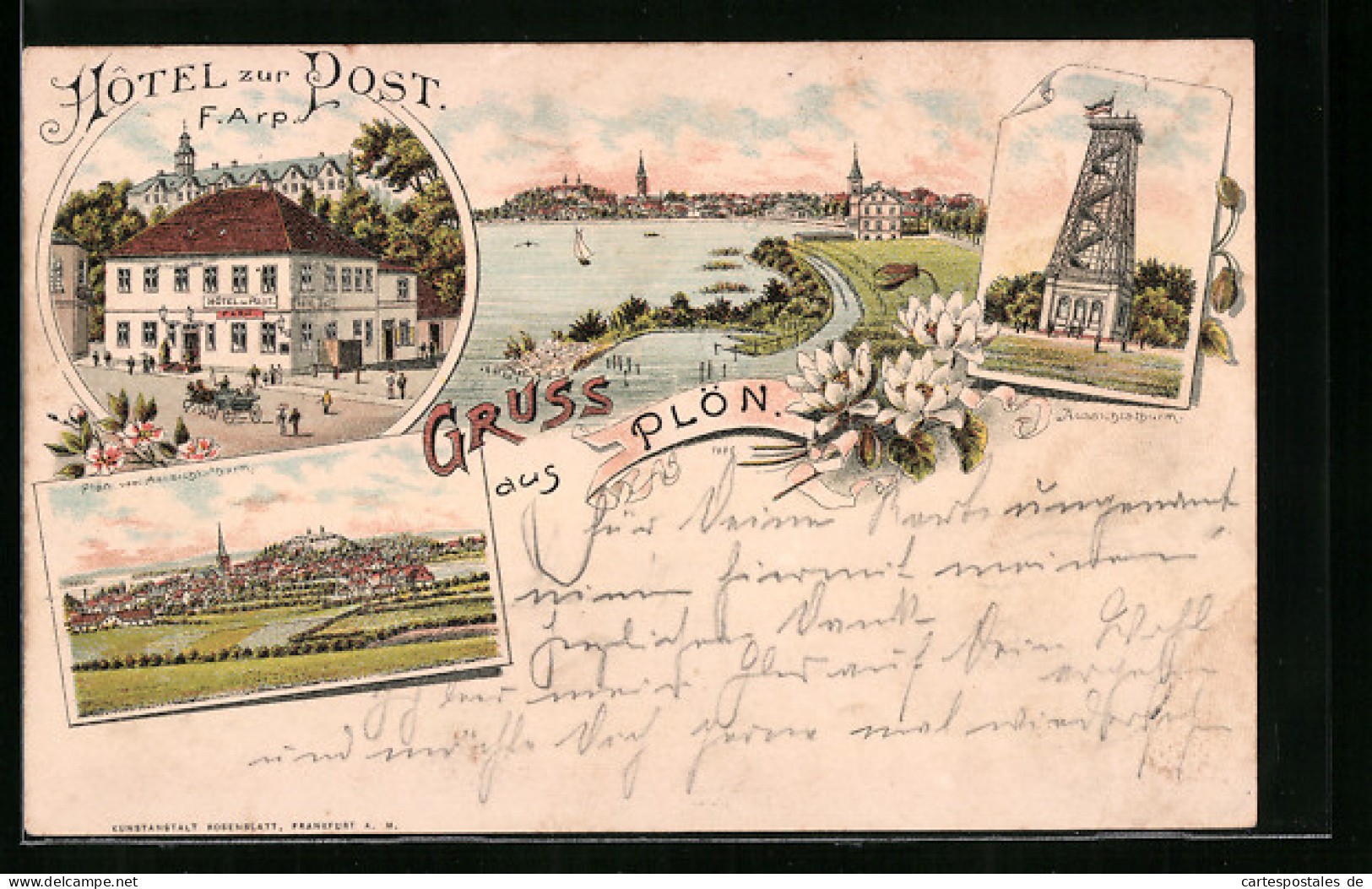 Lithographie Plön, Hotel Zur Post, Aussichtsturm, Gesamtansicht Aus Der Ferne  - Ploen