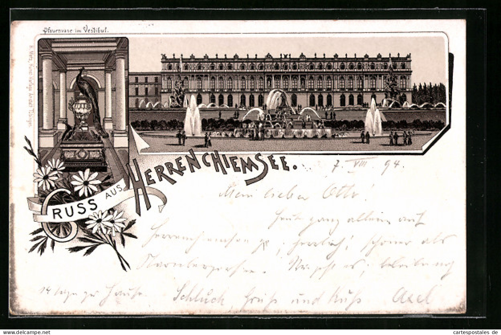 Vorläufer-Lithographie Herrenchiemsee, Neues Schloss, Pfauenvase Im Vestibül, 1894  - Autres & Non Classés