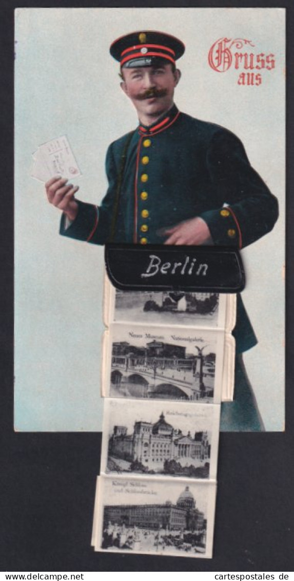 Leporello-AK Berlin, Briefträger Mit Ansichten In Der Posttasche, Schloss, Neuer Dom, Gendarmenmarkt  - Poste & Postini