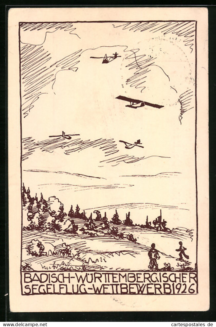 Künstler-AK Ganzsache PP81C12 /02: Badisch-württembergischer Segelflugwettbewerb 1926, Segelflugzeuge In Der Thermik  - Sonstige & Ohne Zuordnung