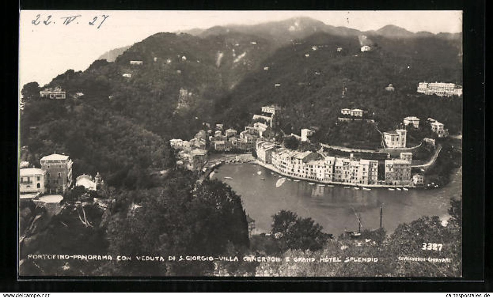 Cartolina Portofino, Panorama Con Veduta Di S. Giorgio, Villa Canervon E Grand Hotel Splendid  - Sonstige & Ohne Zuordnung