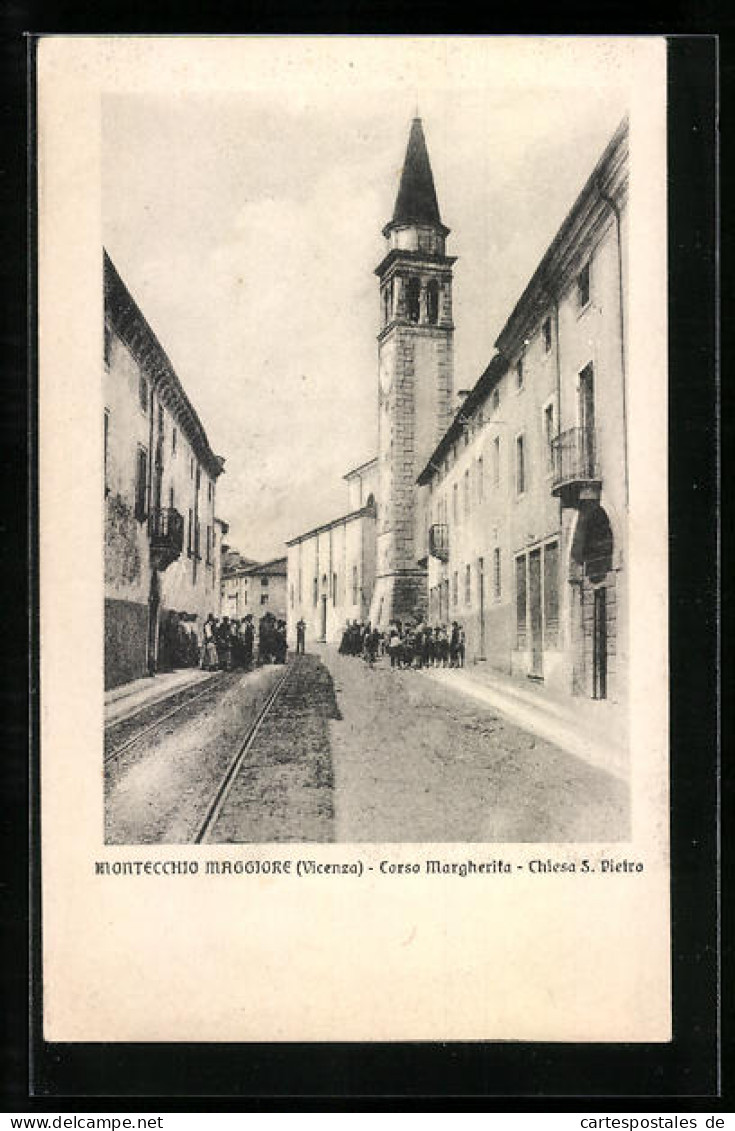 Cartolina Montecchio Maggiore, Corso Margherita, Chiesa S. Pietro  - Autres & Non Classés