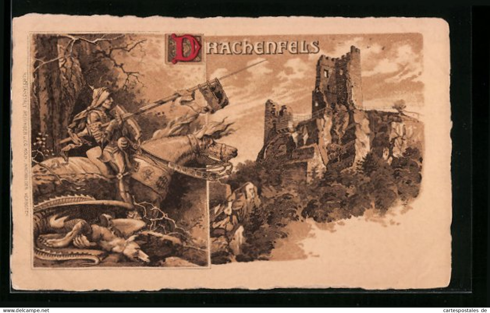 Lithographie Drachenfels, Blick Auf Burgruine, Ritter Auf Pferd, Drache  - Autres & Non Classés