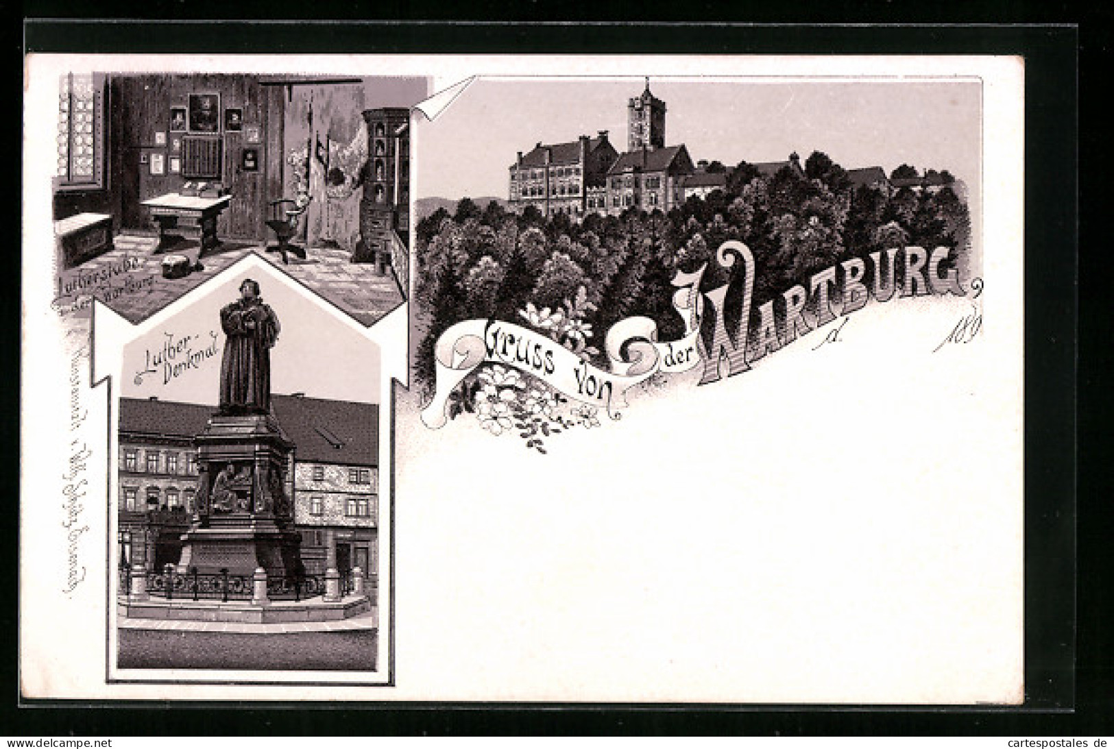 Lithographie Eisenach, Blick Auf Wartburg, Lutherstube, Luther-Denkmal  - Autres & Non Classés
