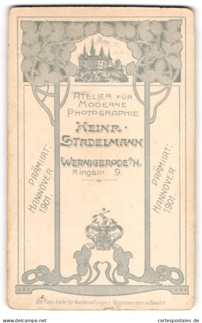Fotografie Heinrich Stadelmann, Wernigerode, Königliches Wappen, Blick Zum Schloss Im Jugendstilrahmen  - Anonieme Personen