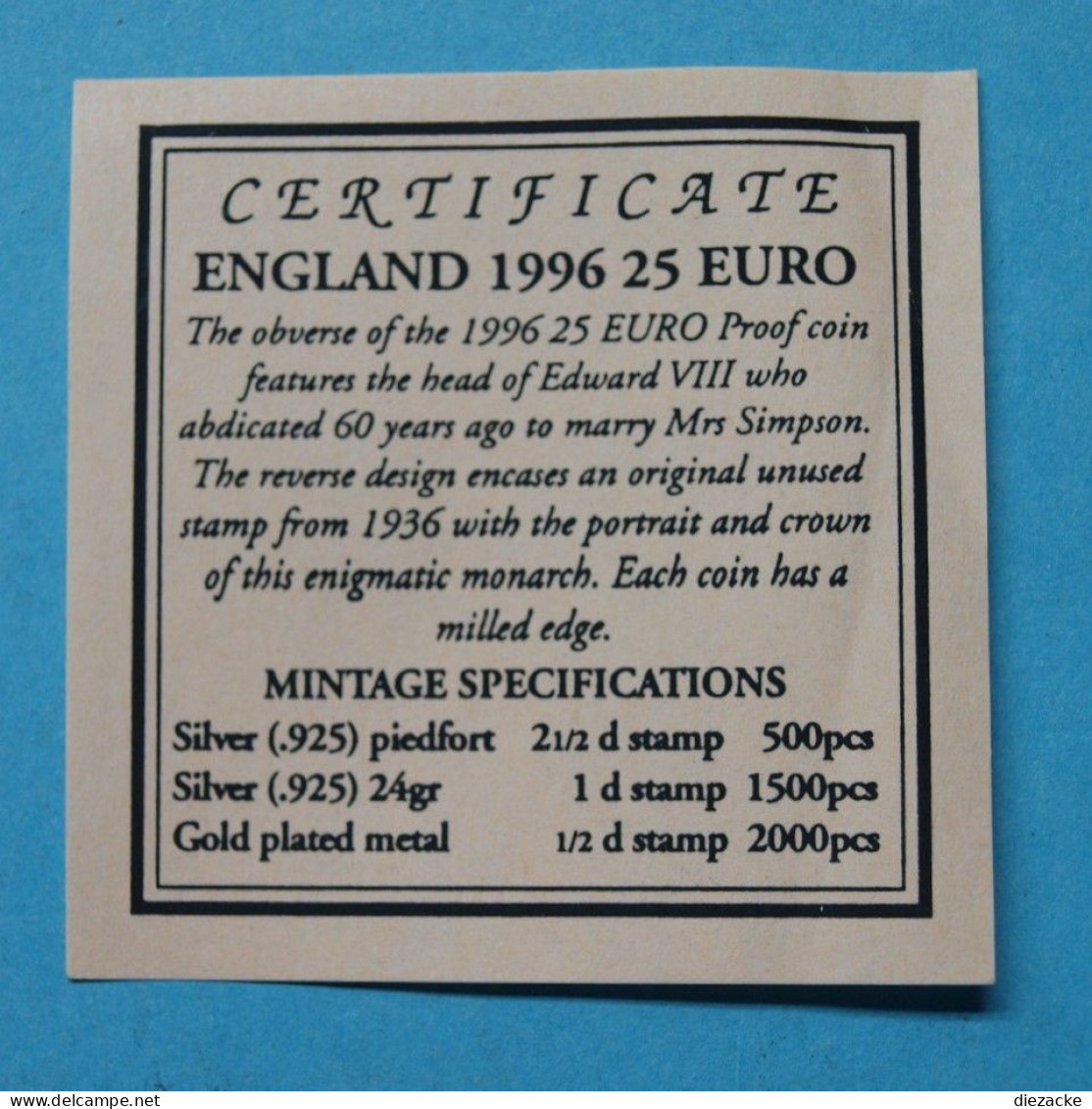 England 1996 Medaille 25 Euro Edward VIII. Piedfort 925 Silber PP (M4689 - Unclassified