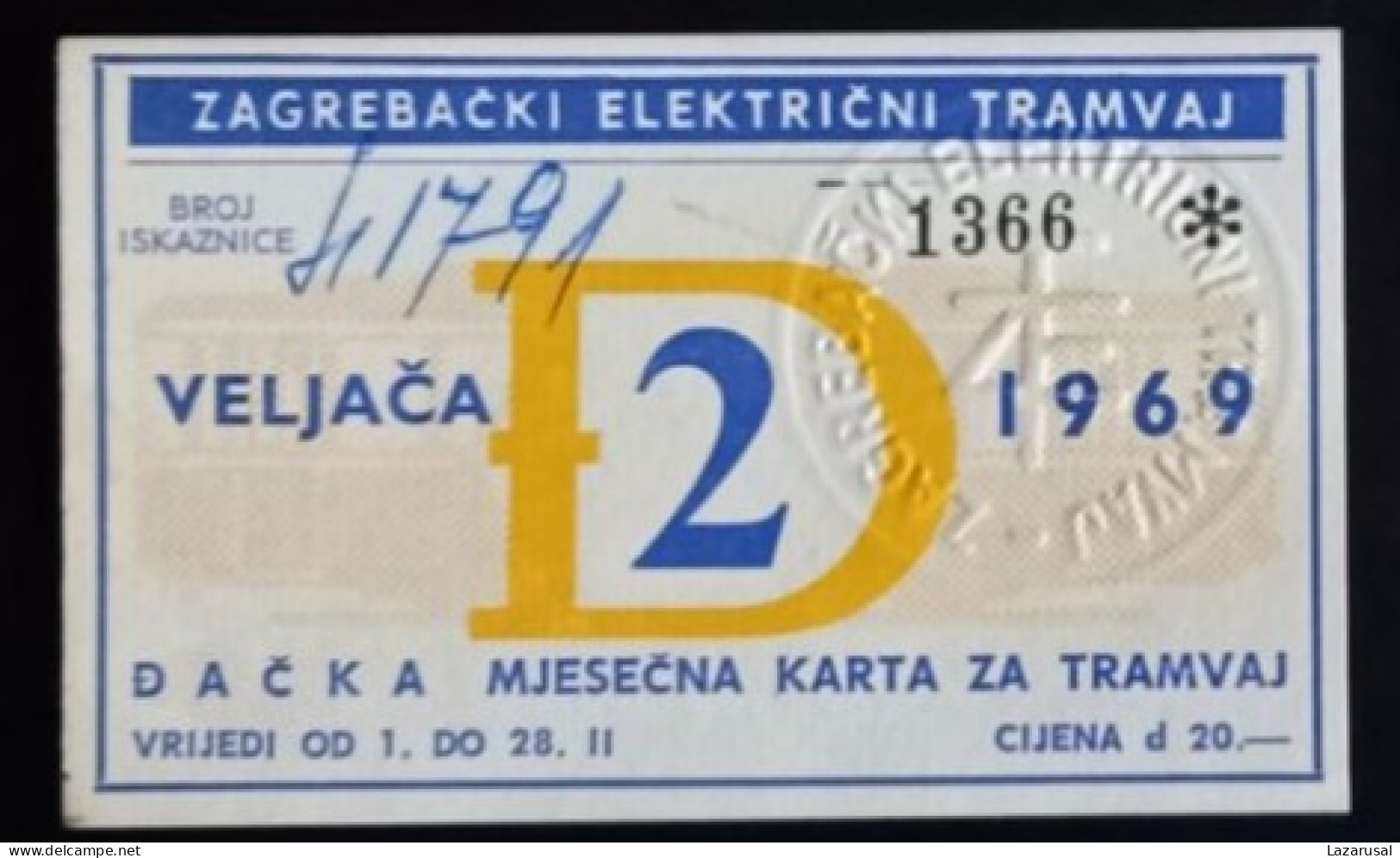 #21   1969    ZAGREB CROATIA YUGOSLAVIA MONTHLY TRAM TRAMWAY TICKET - Europa