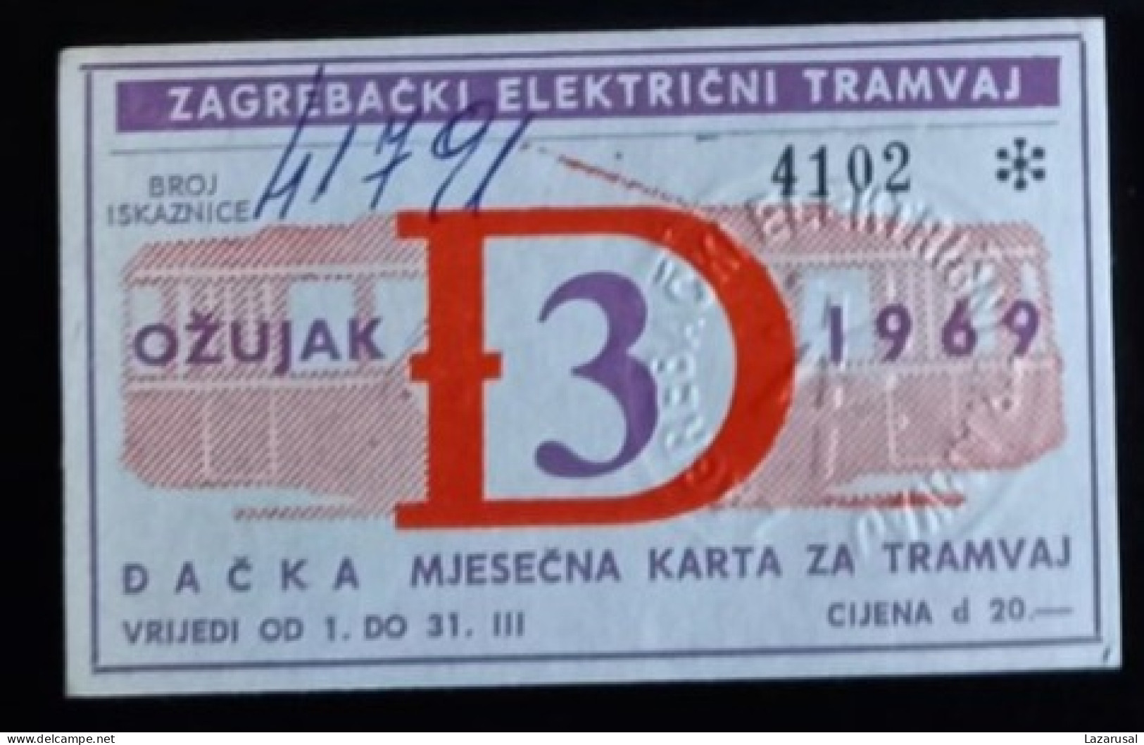 #21   1969    ZAGREB CROATIA YUGOSLAVIA MONTHLY TRAM TRAMWAY TICKET - Europe