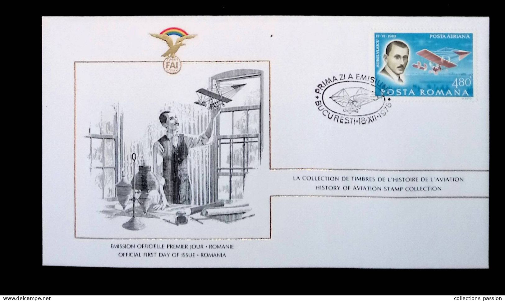 CL, FDC, Premier Jour, Roumanie, Posta Romania, Bucuresti, 18 XII 1976, Aviateur: Aurel Vlaicu, Frais Fr 1.85 E - FDC