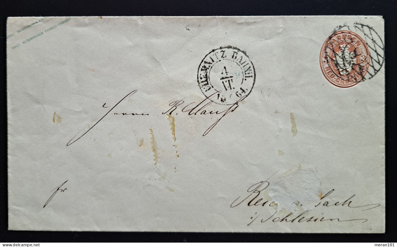 Sachsen 1864, Ganzsache Umschlag CHEMNITZ Nummerngitterstempel - Saxe