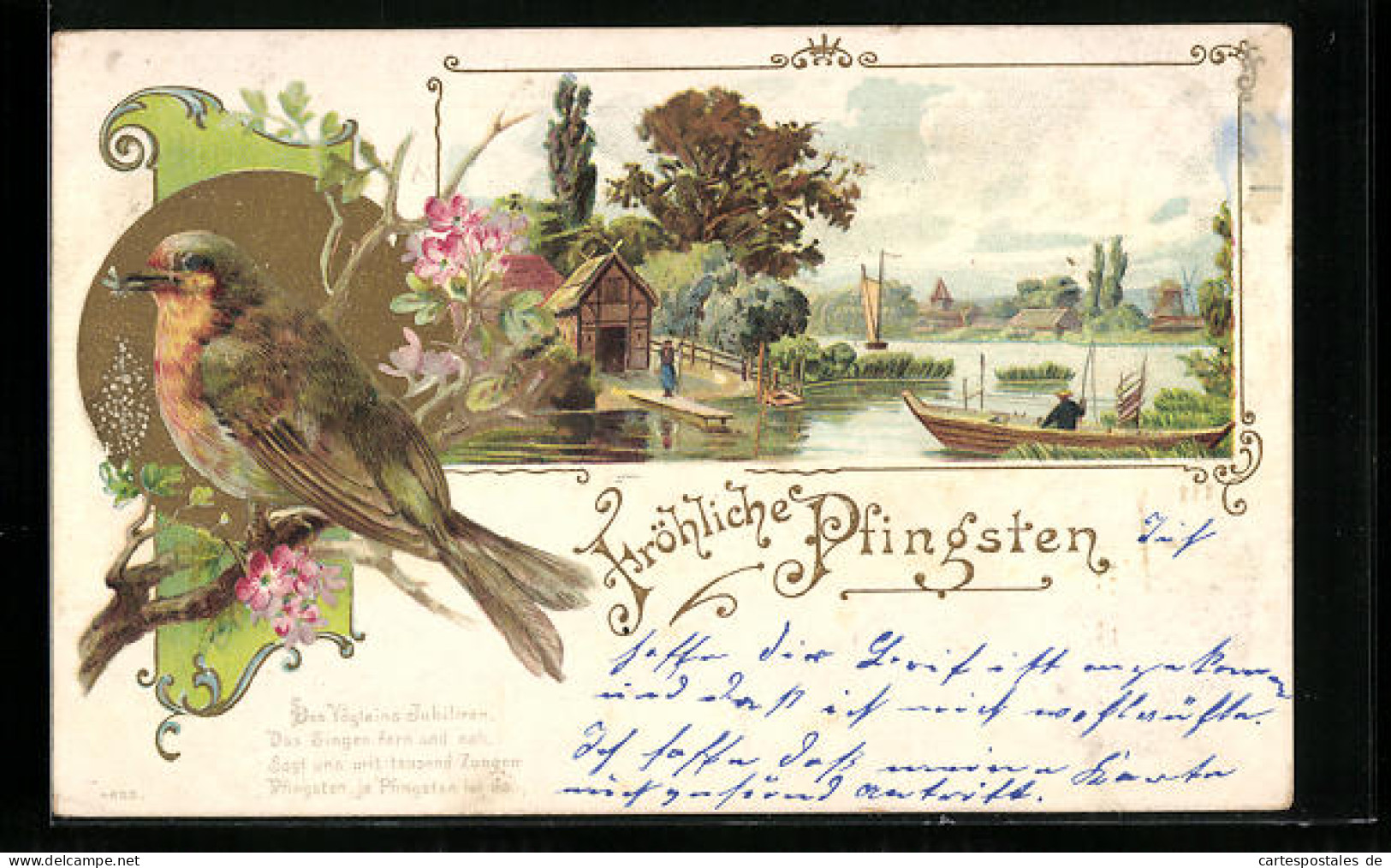 Lithographie Uferpartie Mit Vögelchen Zu Pfingsten  - Pentecôte