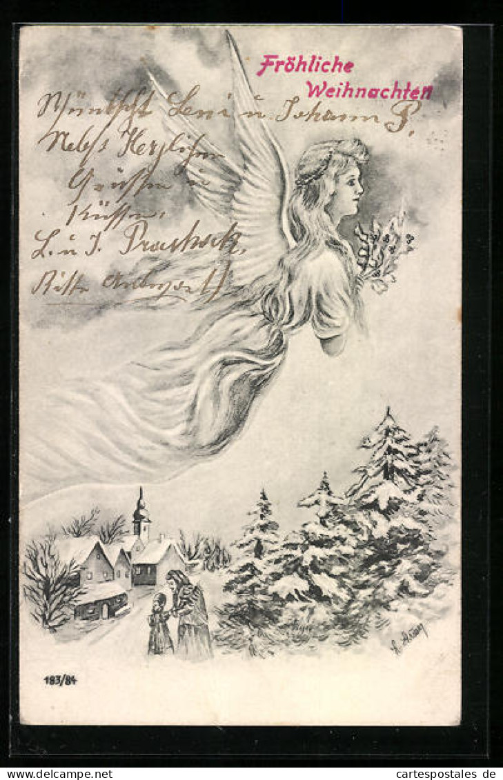 AK Weihnachtsengel Blickt über Verschneite Winterlandschaft  - Angels