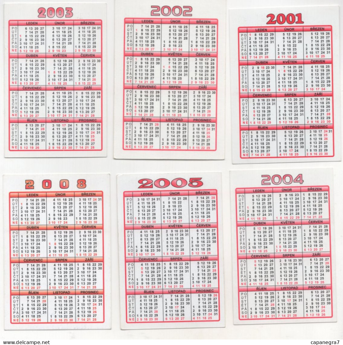 6 Calendars, Stamps, Philately, Czech Rep., 95 X 65 Mm - Small : 2001-...