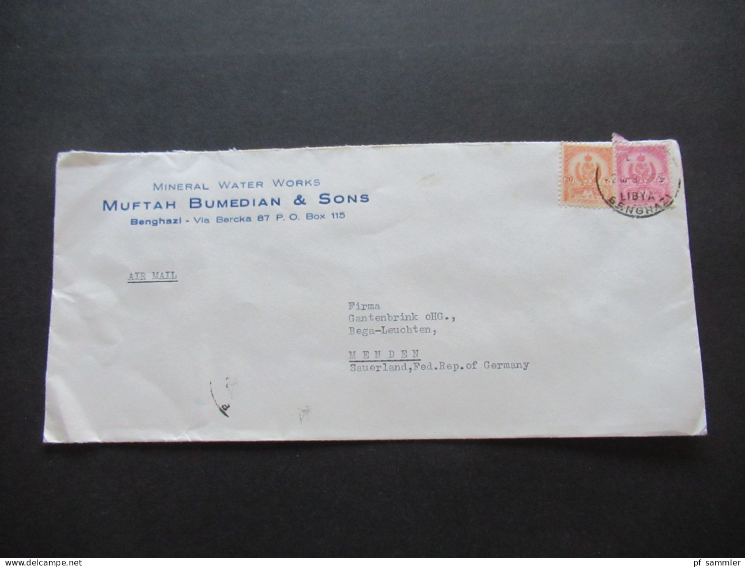Afrika 1965 Libya Air Mail Mit 2 Marken Stempel Benghazi Umschlag Mineral Water Works Muftah Bumedian & Sons Benghazi - Libya