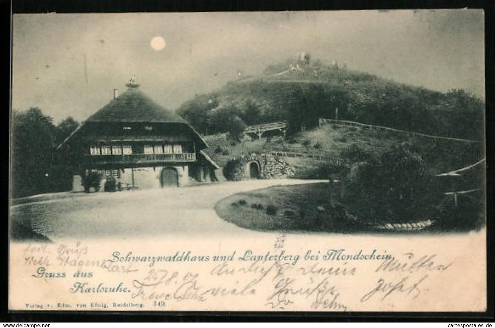 AK Karlsruhe, Gasthaus Schwarzwaldhaus Und Lauterberg Bei Mondschein  - Karlsruhe