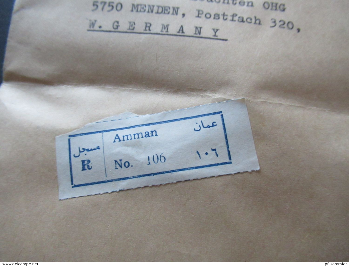 Asien Jordanien Air Mail Luftpost 1964 Einschreiben Registered Letter Amman Auslandsbrief Nach Menden - Jordanië