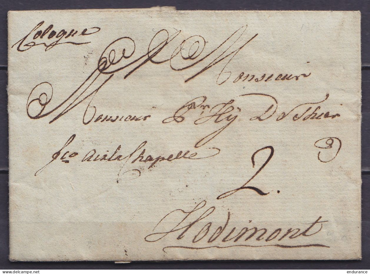 L. Datée 16 Avril 1796 De COLOGNE Pour HODIMONT - Man."Cologne" & "fco Aix La Chapelle" - Port "2" - 1794-1814 (Franse Tijd)