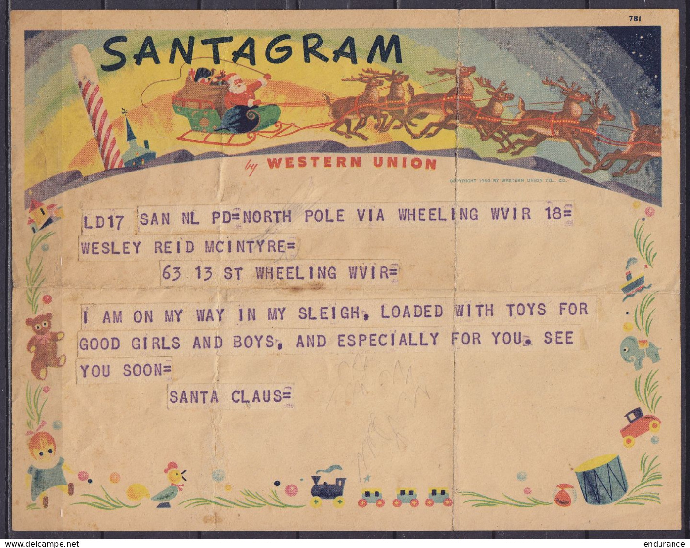USA - Télégramme SANTAGRAM Western Union (années 1950) Du Pôle Nord (où Habite Le Père Noël) Pour WHEELING (West Virgini - Telegraphenmarken