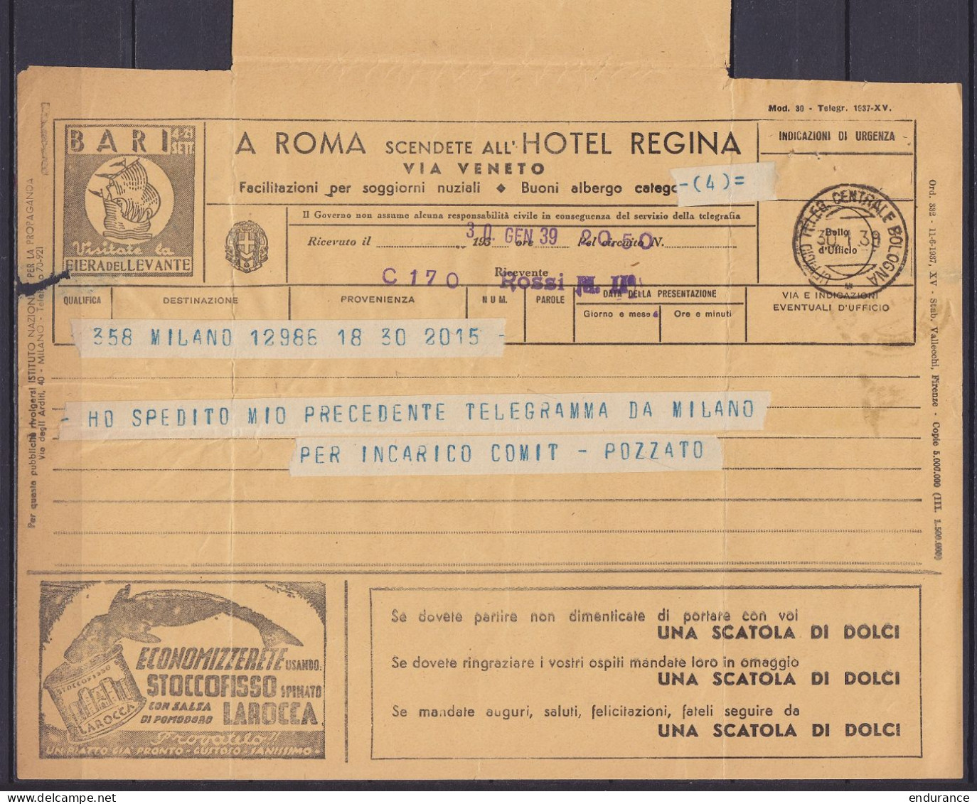 Italie - Télégramme Publicitaire Càd "UFFICIO TELEG. CENTRALE BOLOGNA /30.1.1939" Déposé à MILANO (voir Scans) - Marcofilie