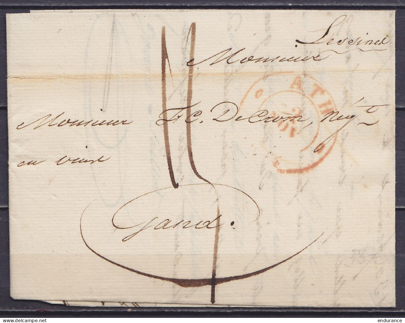 L. Datée 2 Novembre 1834 De Lessines Càd ATH /2 NOV1834 Pour GAND - Origine Manuscrite "Lessines" - Port "15" (au Dos: C - 1830-1849 (Onafhankelijk België)