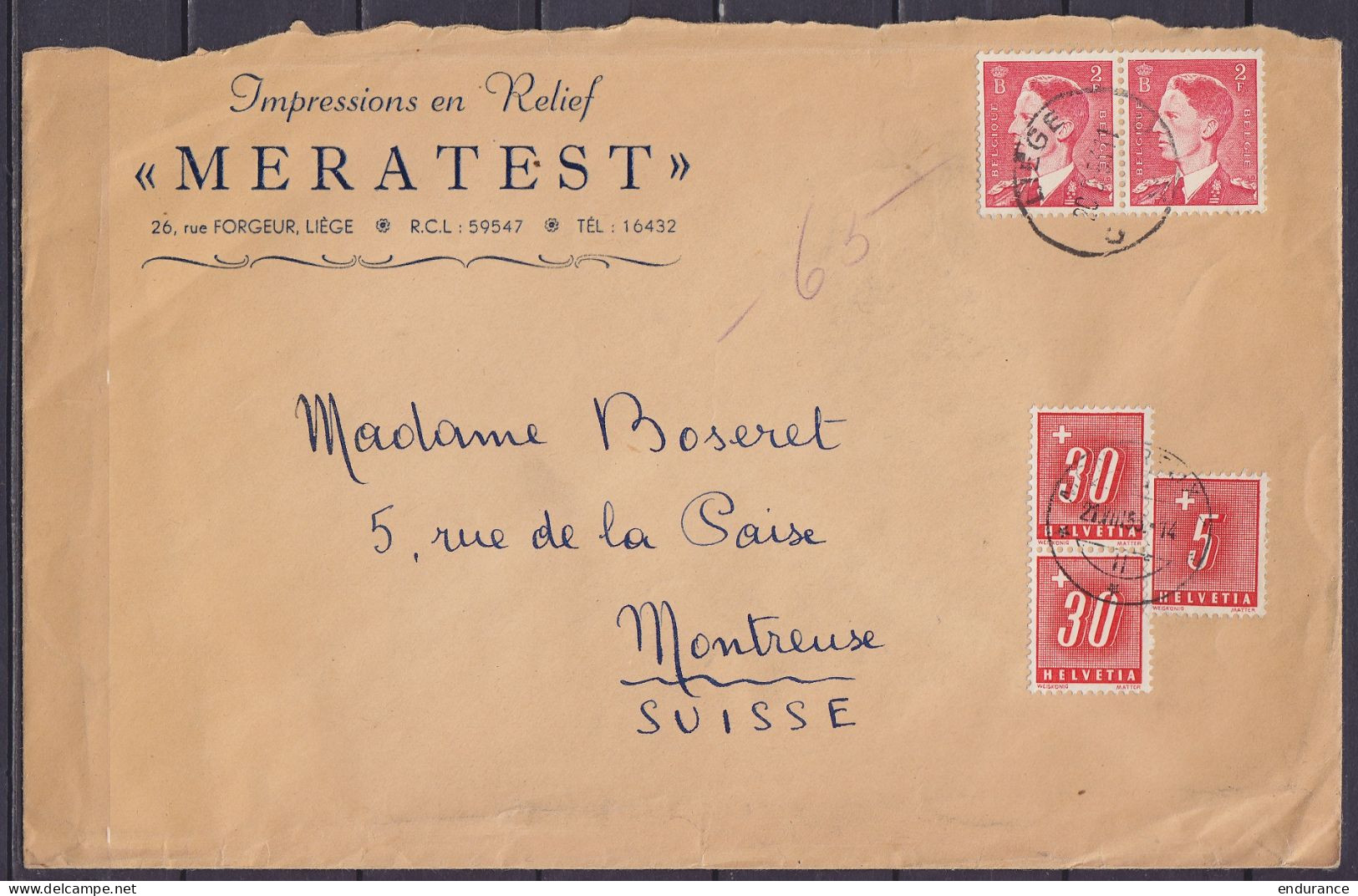 L. "Impressions En Relief MERATEST" Affr. Paire N°910 Càd LIEGE /20.8.1953 Pour MONTREUX Taxé 65c Càpt MONTREUX /21.VIII - Lettres & Documents