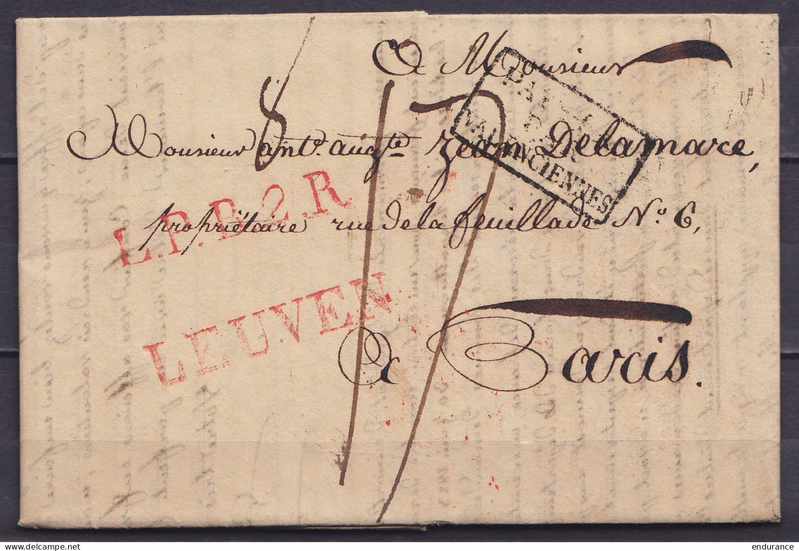 L. Datée 26 Avril 1825 De LOUVAIN Pour PARIS - Griffes "LEUVEN" & "L.P.B.2.R." & [PAYS-BAS PAR VALENCIENNES] -port "17"  - 1815-1830 (Période Hollandaise)