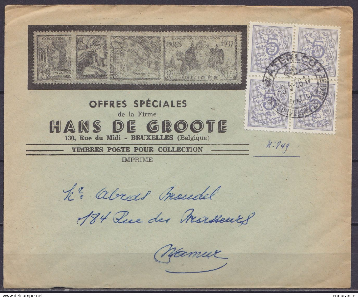 L. "Hans De Groote - Timbres Poste Pour Collection" Affr. Bloc De 4x N°849 Càd WATERLOO /-8-5-1956 Pour NAMUR - 1951-1975 Heraldic Lion