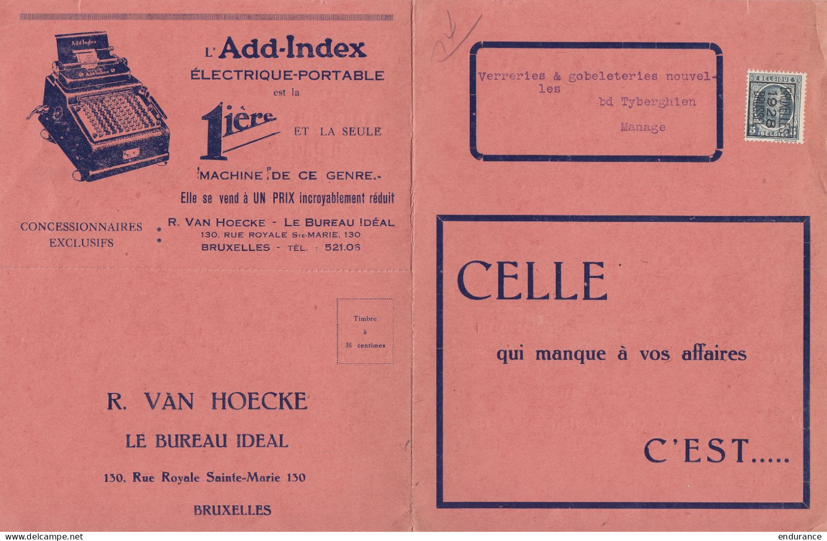 Carte Pub "Machines à Calculer Add-Index" Affr. PREO Houyoux 5c [LIEGE /1928/ LUIK] Pour MANAGE - Typografisch 1922-31 (Houyoux)