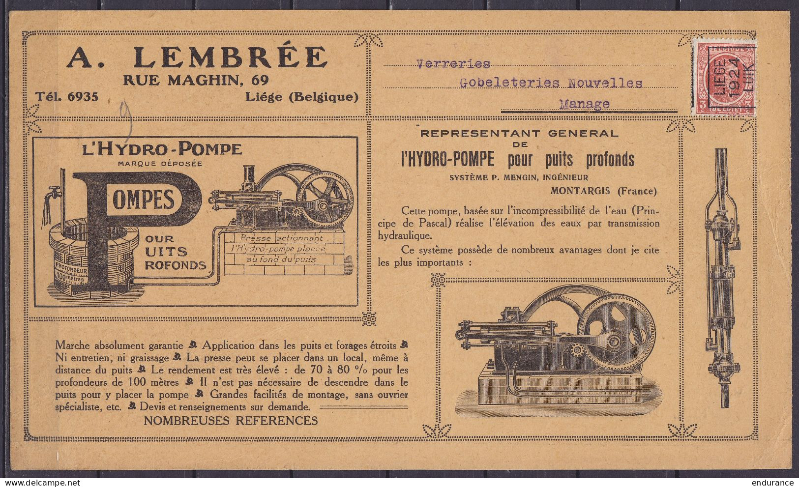 Carte Pub "Machines, Pompes A.Lembrée" Affr. PREO Houyoux 3c [LIEGE /1924/ LUIK] Pour MANAGE - Typo Precancels 1922-31 (Houyoux)