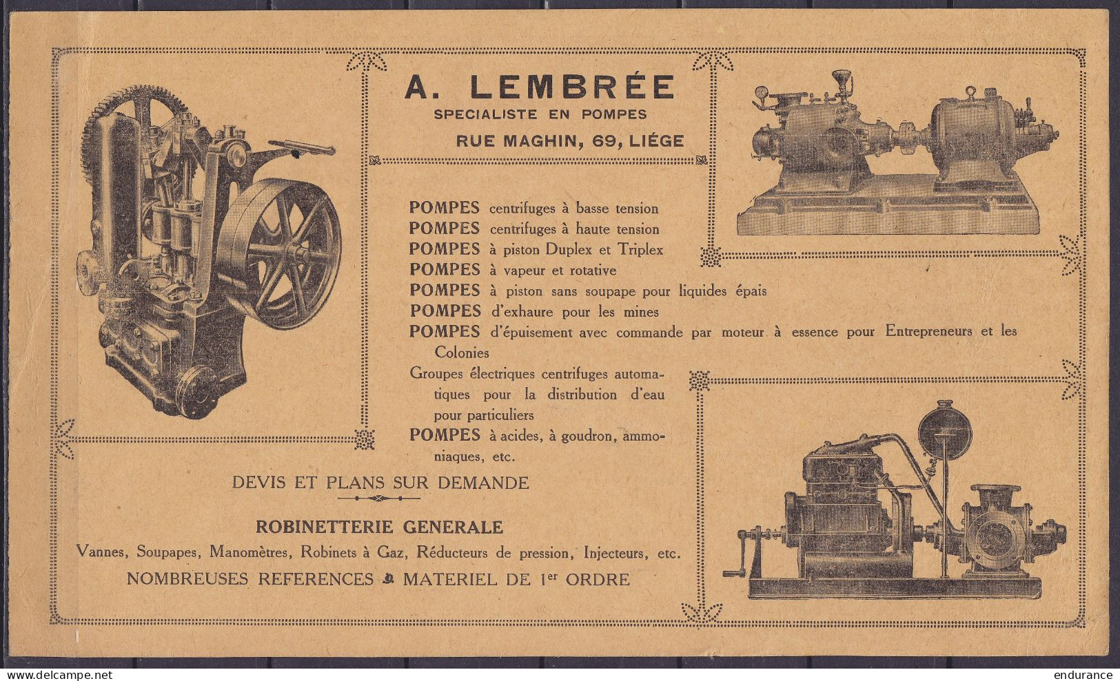 Carte Pub "Machines, Pompes A.Lembrée" Affr. PREO Houyoux 3c [LIEGE /1924/ LUIK] Pour MANAGE - Typografisch 1922-31 (Houyoux)