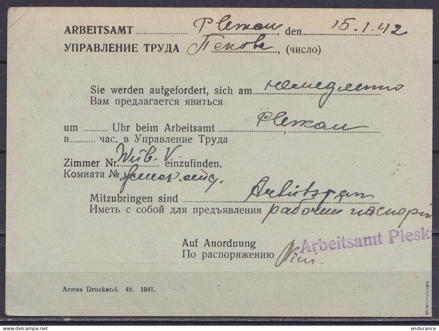 Russie - Convocation Du Ministère Du Travail Pour Le Camp De PSKOV (Pleskau) Datée 15.1.1942 Affr. (poste Du Camp ?) 20k - Lettres & Documents