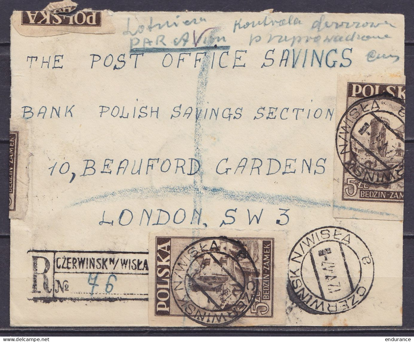 Pologne - L. Recommandée Affr. 46zt Càpt CZERWINSK N / WISKA /12 V 1947 Pour The Post Office Savings Bank à LONDON - Briefe U. Dokumente