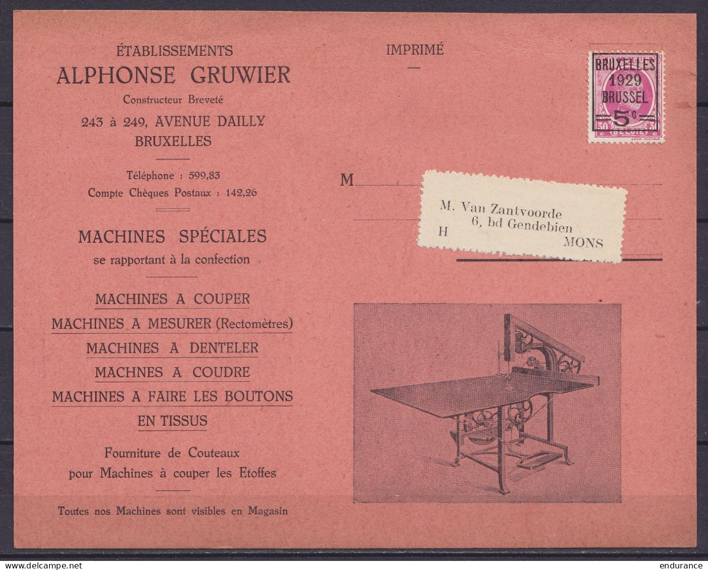 Carte Pub 'Machines à Coudre, à Couper, à Mesurer A. Gruwier" Affr. PREO 30c Houyoux Surch. "BRUXELLES /1929/ 5c" Pour M - Typos 1922-31 (Houyoux)