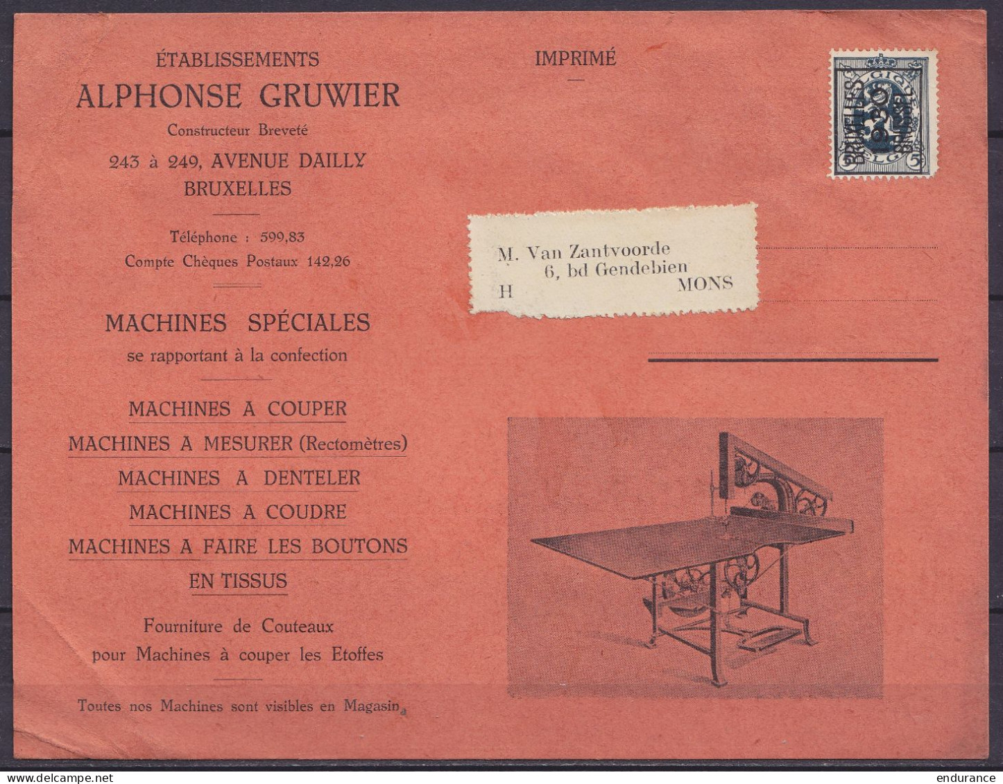 Carte Pub 'Machines à Coudre, à Couper, à Mesurer A. Gruwier" Affr. PREO 5c Lion Héraldique [BRUXELLES /1930/ BRUSSEL] P - Typo Precancels 1929-37 (Heraldic Lion)