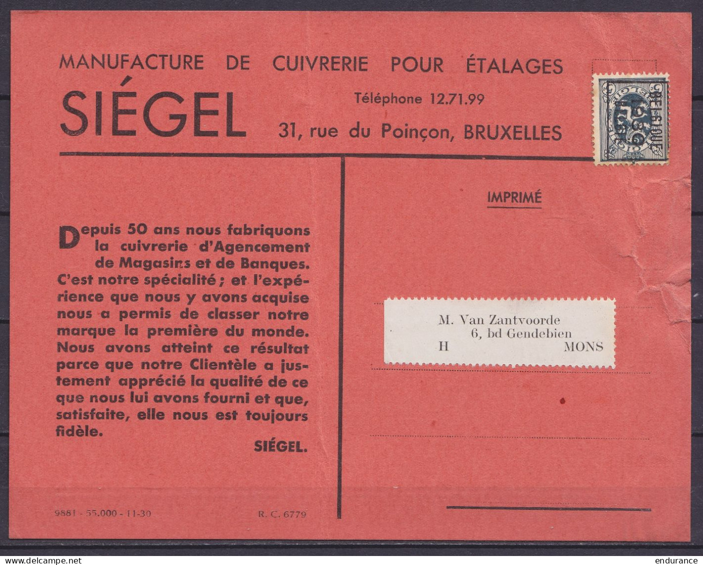 Carte Pub "Manufacture De Cuivrerie Siégel" Affr. PREO 5c Lion Héraldique [BRUXELLES /1930/ BRUSSEL] Pour MONS (déchirur - Typos 1922-31 (Houyoux)