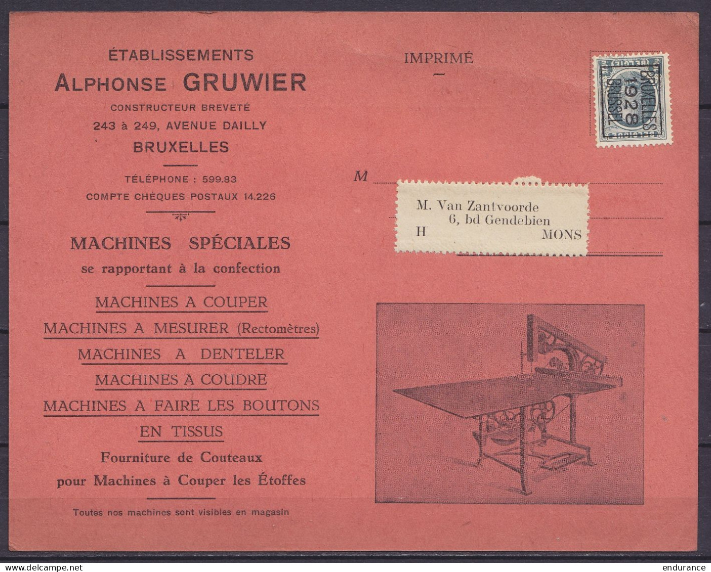 Carte Pub 'Machines à Coudre, à Couper, à Mesurer A. Gruwier" Affr. PREO 5c Houyoux [BRUXELLES /1928/ BRUSSEL] Pour MONS - Typo Precancels 1922-31 (Houyoux)