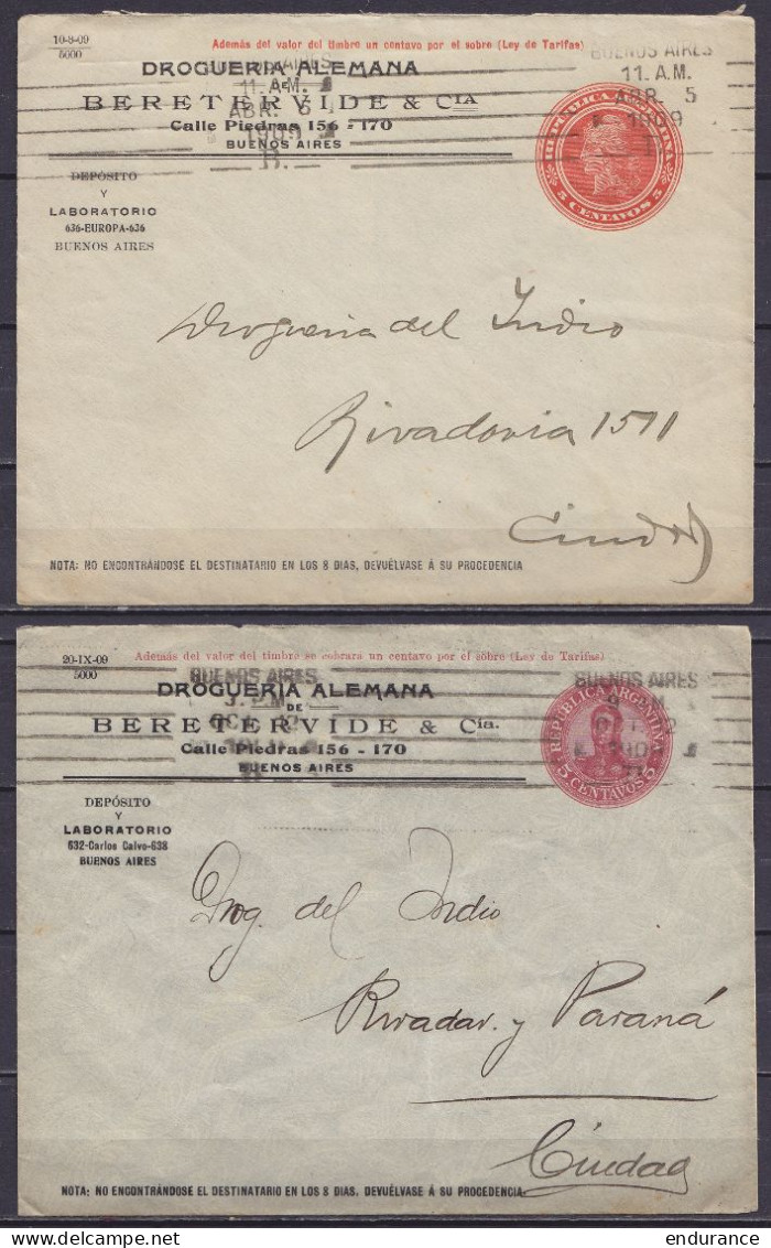Argentine - Lot De 2 EP Envel. 5 Cts (types Différents) "Drogueria Alemana De Beretervide & Cia" Flam. BUENOS AIRES 1908 - Briefe U. Dokumente