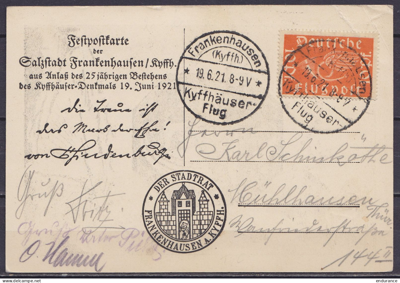 Allemagne - CP Festpostkarte Der Calzstadt Frankenhausen A. KYFFH." Affr. 10pf Poste Aérienne Càpt "Frankenhausen (Kyffh - Storia Postale