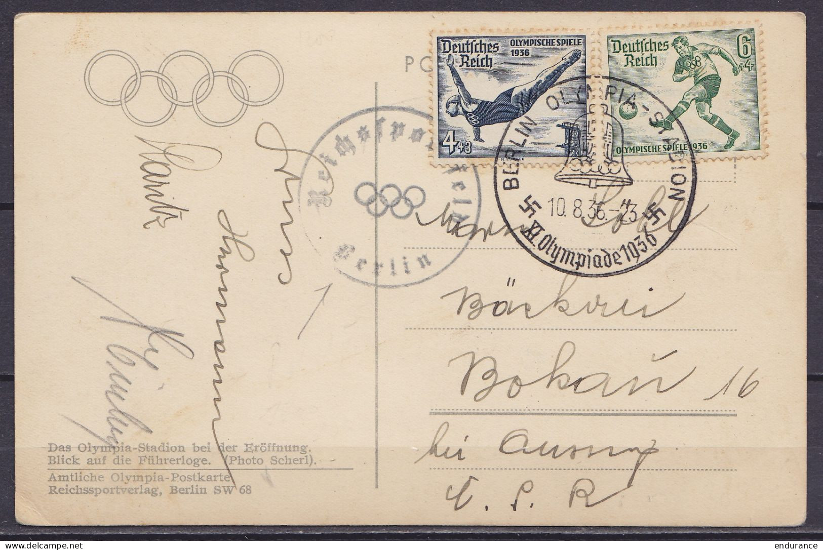 Allemagne - CP Jeux Olympiques Affr. N°566+567 Càd Illustré "BERLIN OLYMPIA-STADION /10.8.1936/ XI Olympiade 1936" + Rar - Covers & Documents
