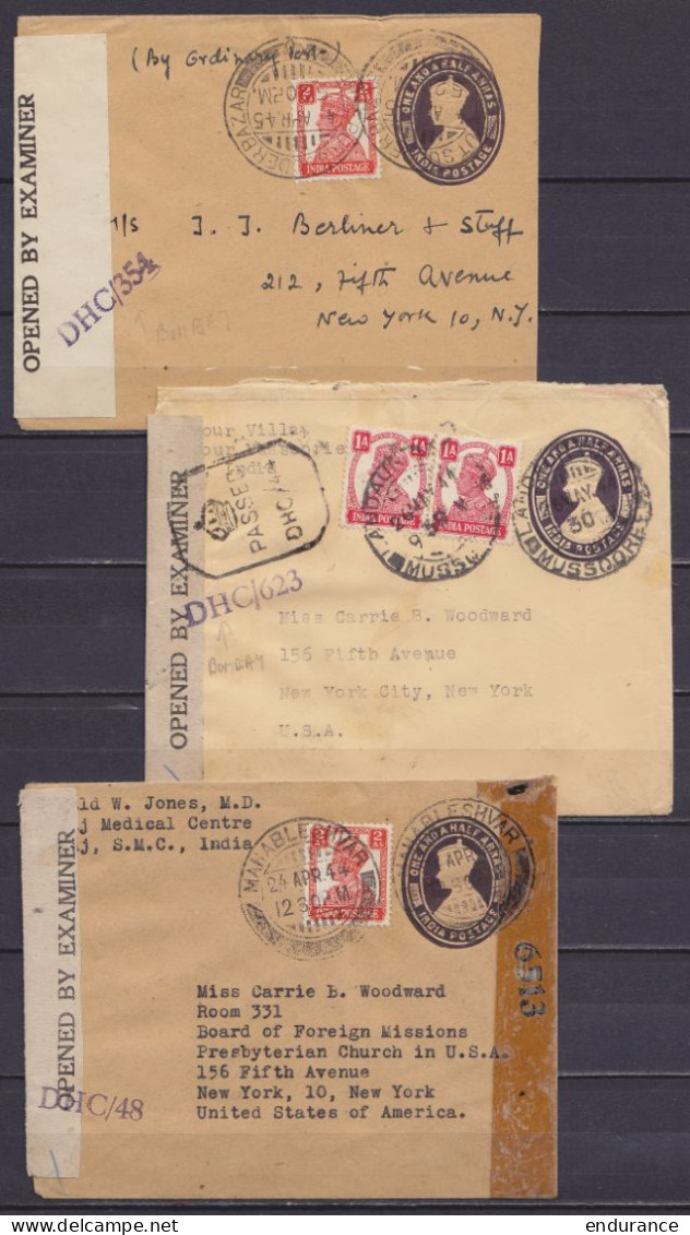 Inde - Lot De 3 EP 1½A + 2A De MAHABLESHVAR, MUSSOOREE, MEERUT SUDDER BAZAR 1944 & 1945 Pour NEW YORK - Cachets Et Bande - 1936-47 King George VI