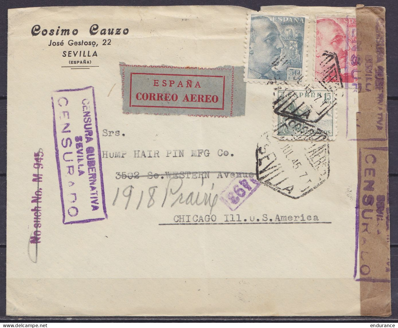 Espagne - L. Entête "Cosimo Causo" Par Avion Affr. 4,65ptas Càd Hexagon. "CORREO AEREO /11.JUL.1945/ SEVILLA" Pour CHICA - Covers & Documents