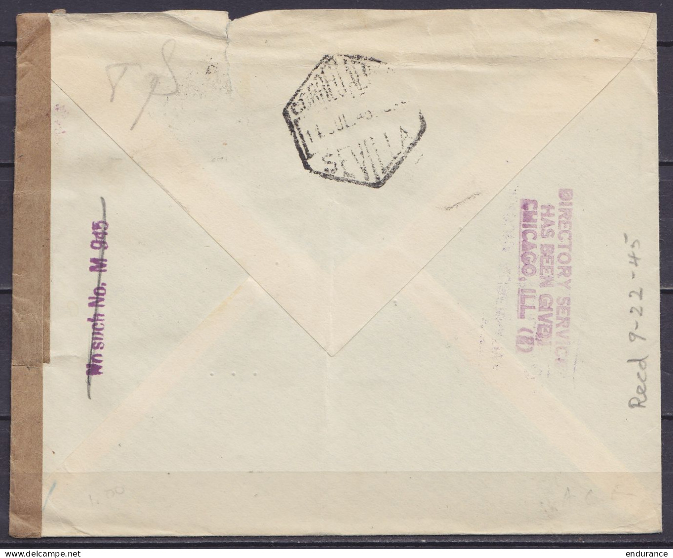 Espagne - L. Entête "Cosimo Causo" Par Avion Affr. 4,65ptas Càd Hexagon. "CORREO AEREO /11.JUL.1945/ SEVILLA" Pour CHICA - Brieven En Documenten