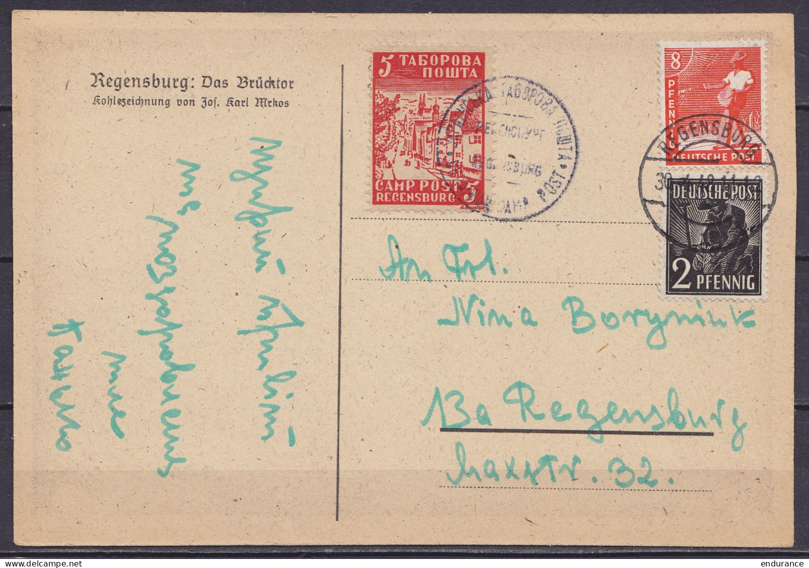 Allemagne (Zone Soviétique) - CP Affr. 10pf Càpt REGENSBURG /30.4.1948 + Vignette "ТАБОРОВА ПОЩТА" (courrier Du Camp) &  - Sonstige & Ohne Zuordnung