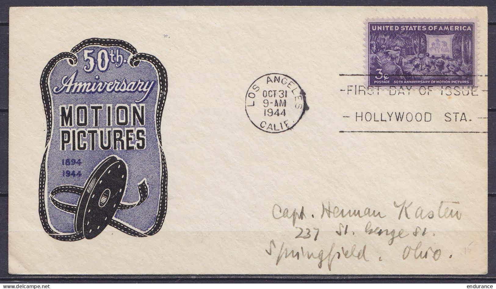 USA - FDC 50th Anniversary Motion Picture (cinéma) Flam. 1e Jour "LOS ANGELES /OCT 31 1944/ Fisrt Day Of Issue / HOLLYWO - Covers & Documents