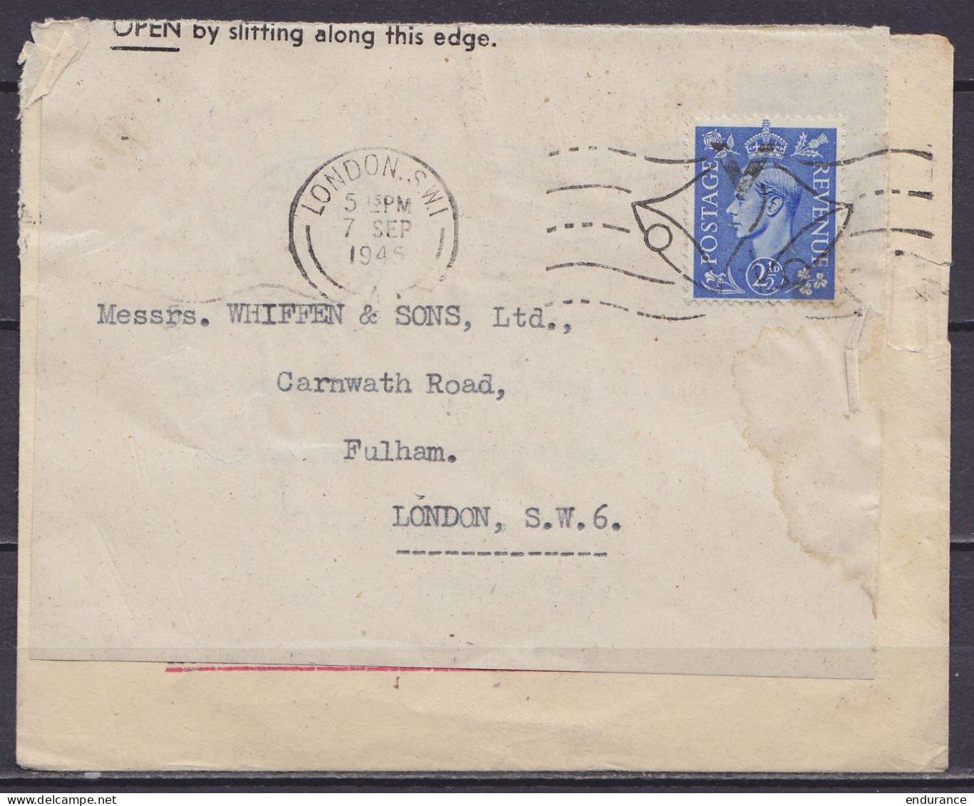 Grande Bretagne - Env. Réutilisée Avec étiq. Porte-adresse "WAR ECONOMY LABEL" Affr. 2½d Flam. LONDON S.W.I./7 SEP 1945  - Cartas & Documentos