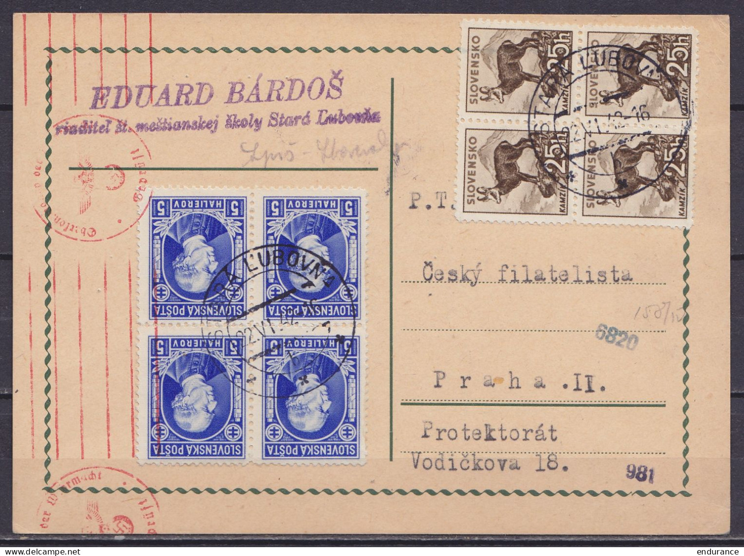 Slovaquie - CP Affr. 120h (bloc De 4x 25h + Bloc De 4x 5h) Càpt STARA LUBOVNA /22.VI.1942 Pour PRAHA (Prague) - Cachet C - Cartas & Documentos