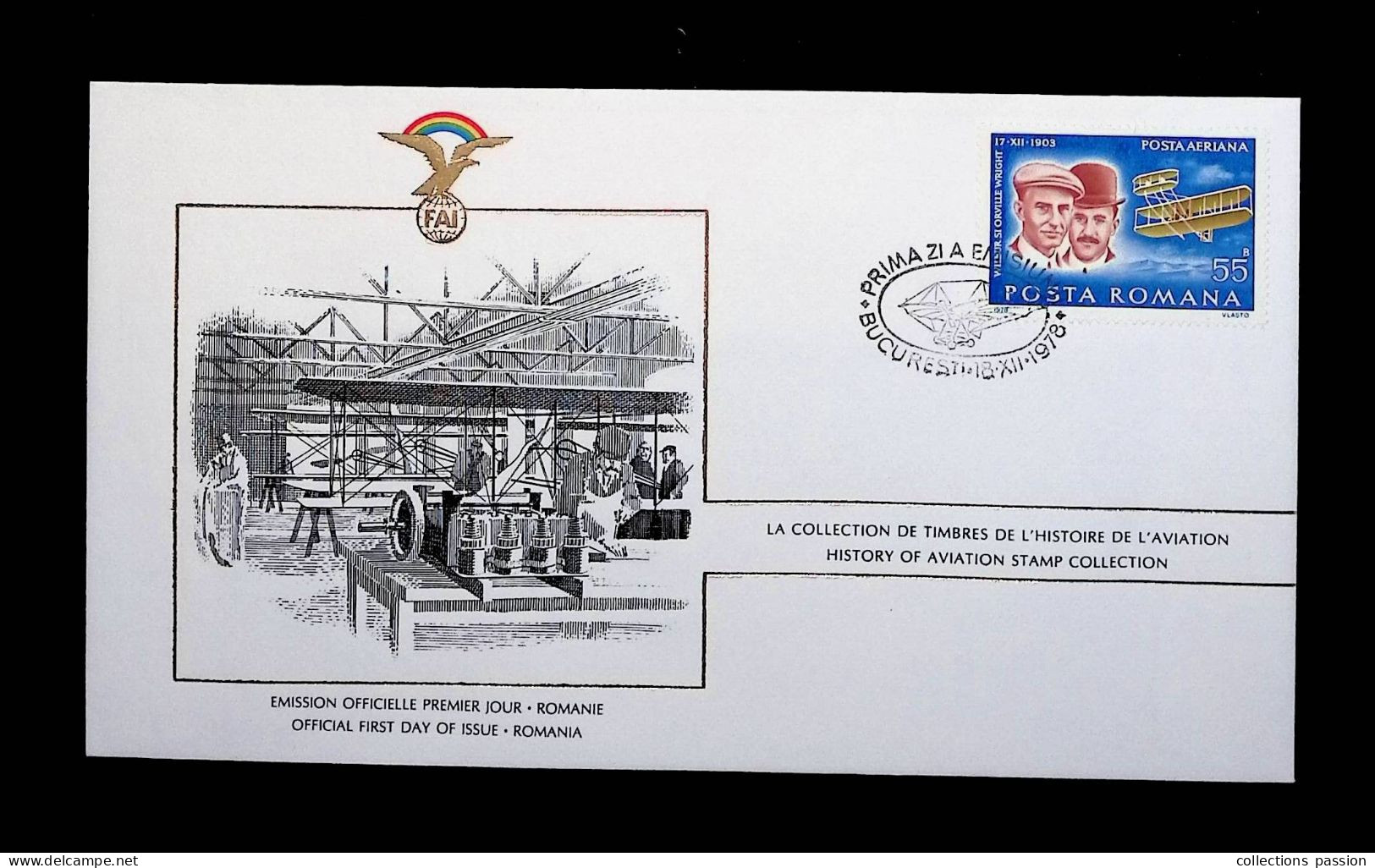 CL, FDC, Premier Jour, Roumanie, Posta Romania, Bucuresti, 18 XII 1976, Aviateur: W. Si Orville Wright, Frais Fr 1.85 E - FDC