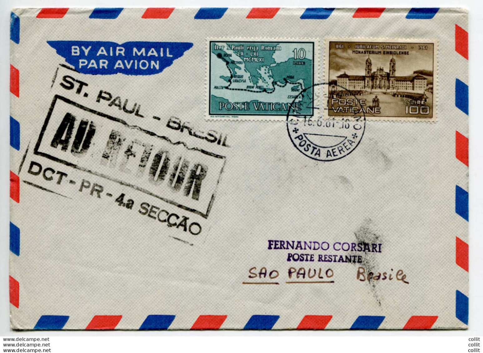 Primo Volo (Vaticano) Roma/San Paolo Del 16.6.61 - Marcofilía (Aviones)