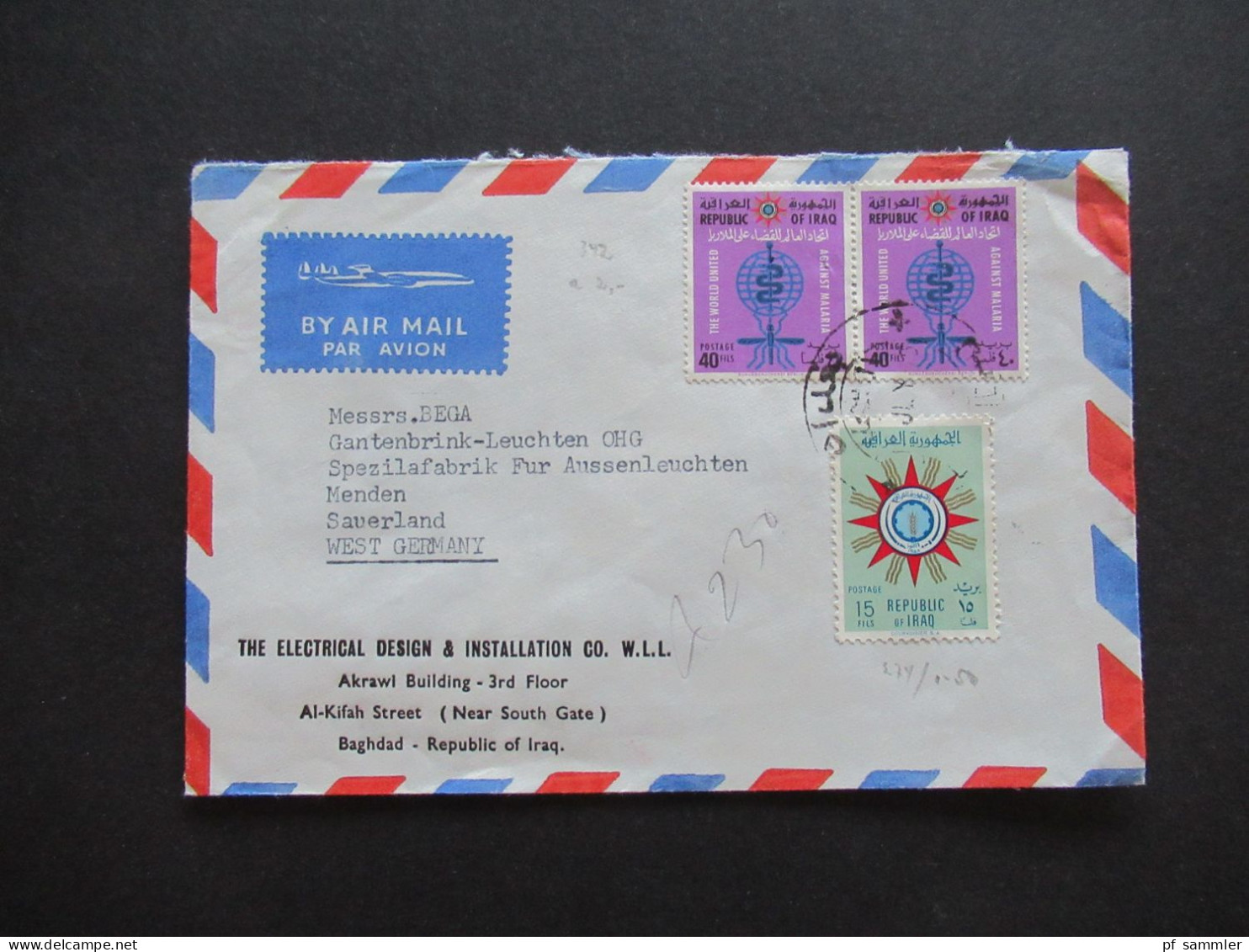 Irak Iraq 1966 By Air Mail Baghdad - Menden Umschlag The Elecrical Design & Installlation Co. Akrawi Building / 3 Belege - Iran
